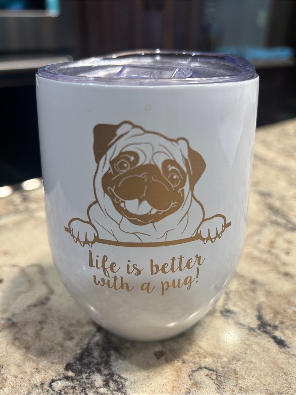 White Stainless Steel Pug Tumbler with Gold Design